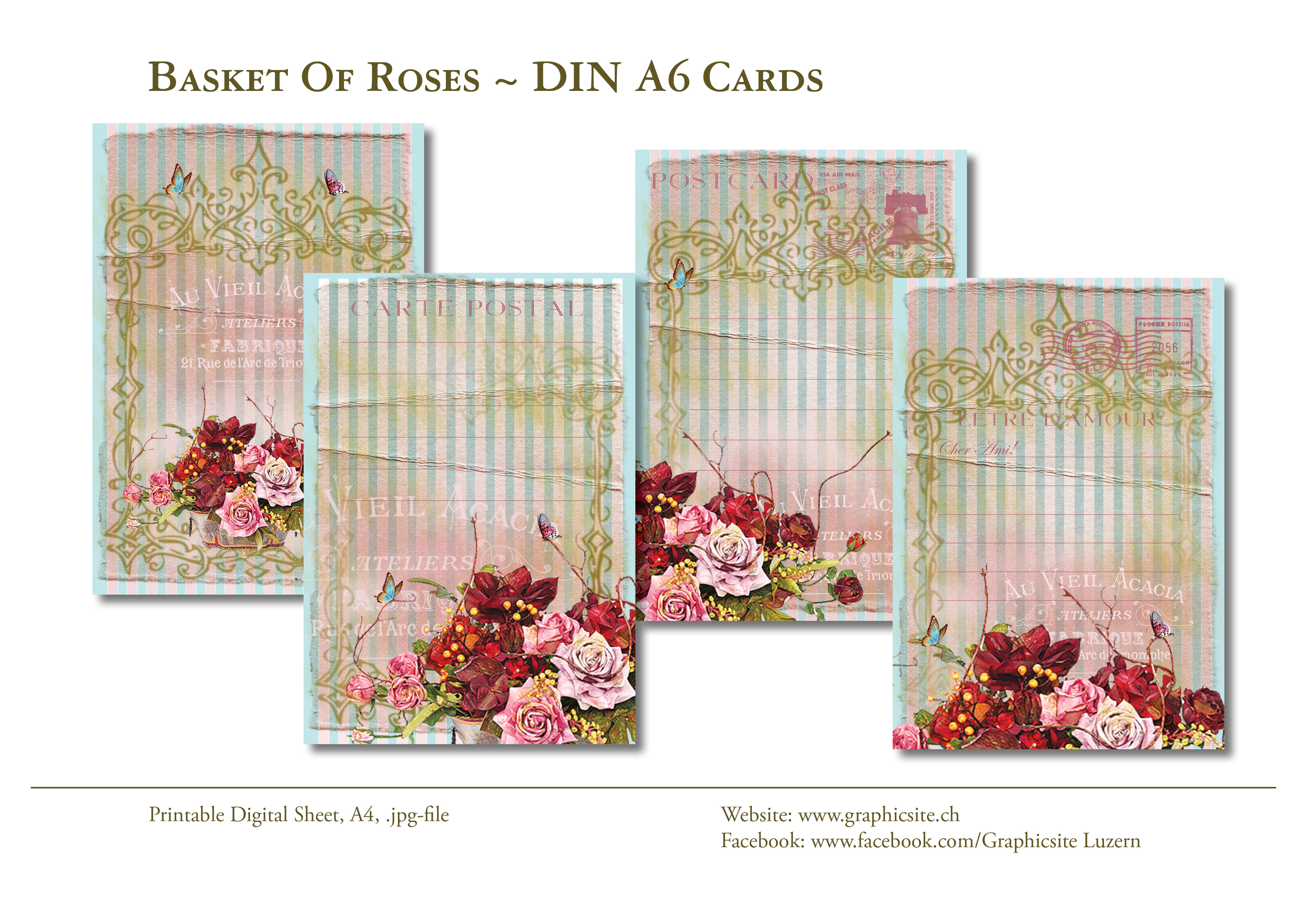 Printable Digital Sheets - DIN A-Formats - BasketOfRoses, #printable, #digital, #sheets, #cards, #greetingcards, #statiorary, #roses, #flowers, #floral, #ornament, #butterflies, #stripes, 